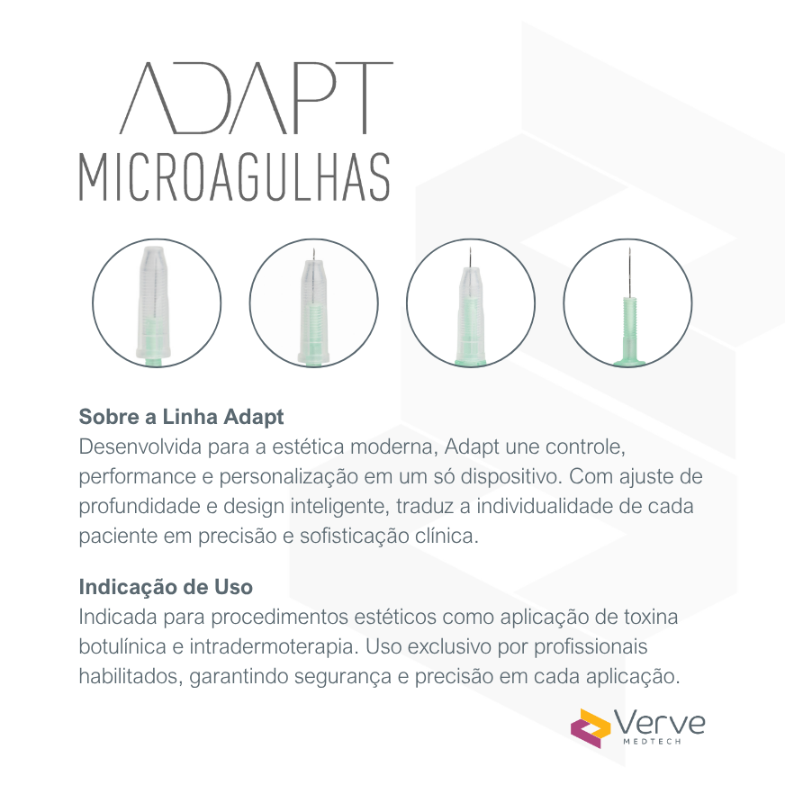 Microagulha Adapt 32G Verve com ajuste de profundidade (0–4 mm), parede ultrafina, aço SUS304, estéril, Anvisa 82576739002
