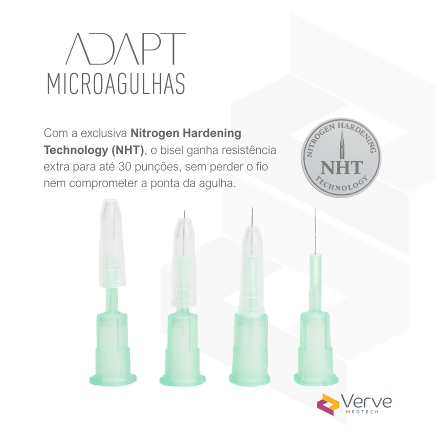 Microagulha Adapt 32G Verve com ajuste de profundidade (0–4 mm), parede ultrafina, aço SUS304, estéril, Anvisa 82576739002