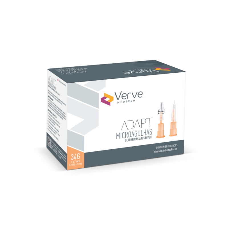 Microagulha Adapt 34G Verve ultrafina com ajuste (0–4 mm ou 7 mm*), fluxo ágil, aço SUS304, estéril, Anvisa 82576739002