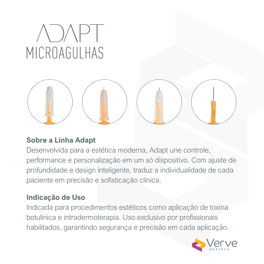 Microagulha Adapt 34G Verve ultrafina com ajuste (0–4 mm ou 7 mm*), fluxo ágil, aço SUS304, estéril, Anvisa 82576739002