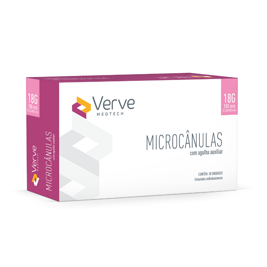 Microcânula Verve 18G 100 mm, ponta romba, semiflexível, leitura 10 mm, aço SUS304, Anvisa 82576739003