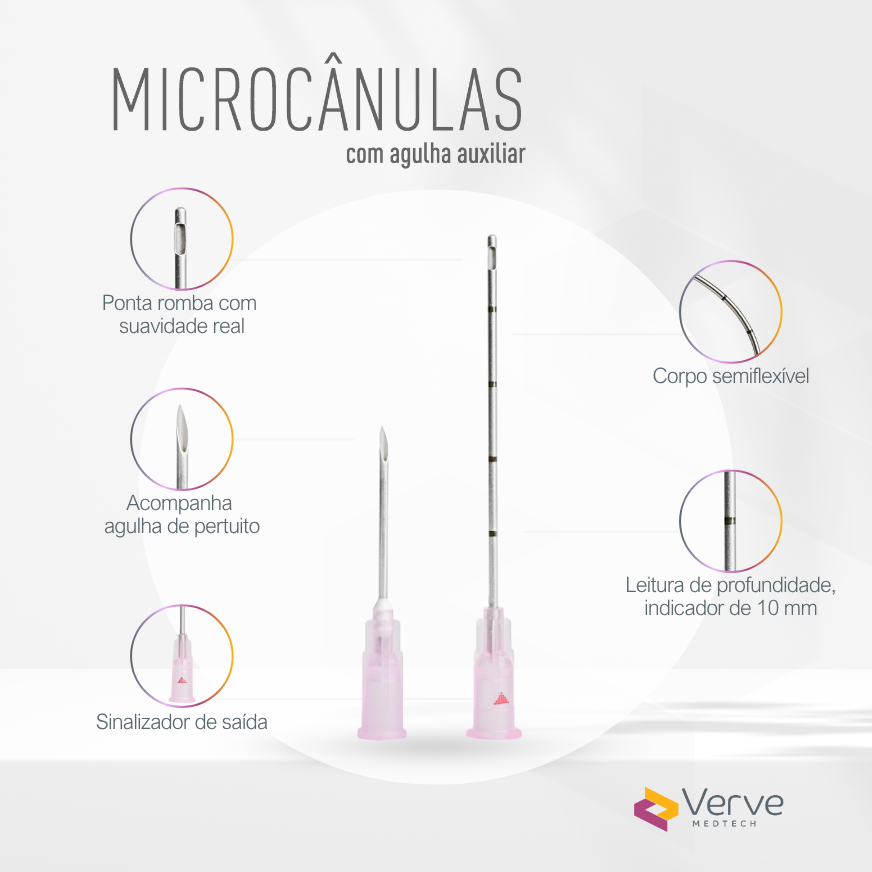 Microcânula Verve 18G 50 mm, ponta romba, corpo semiflexível, indicador 10 mm, aço SUS304, Anvisa 82576739003