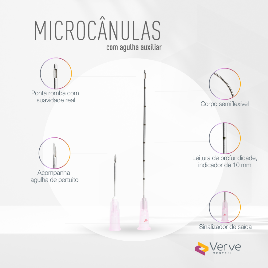 Microcânula Verve 18G 70 mm, ponta romba, corpo semiflexível, indicador 10 mm, aço SUS304, Anvisa 82576739003