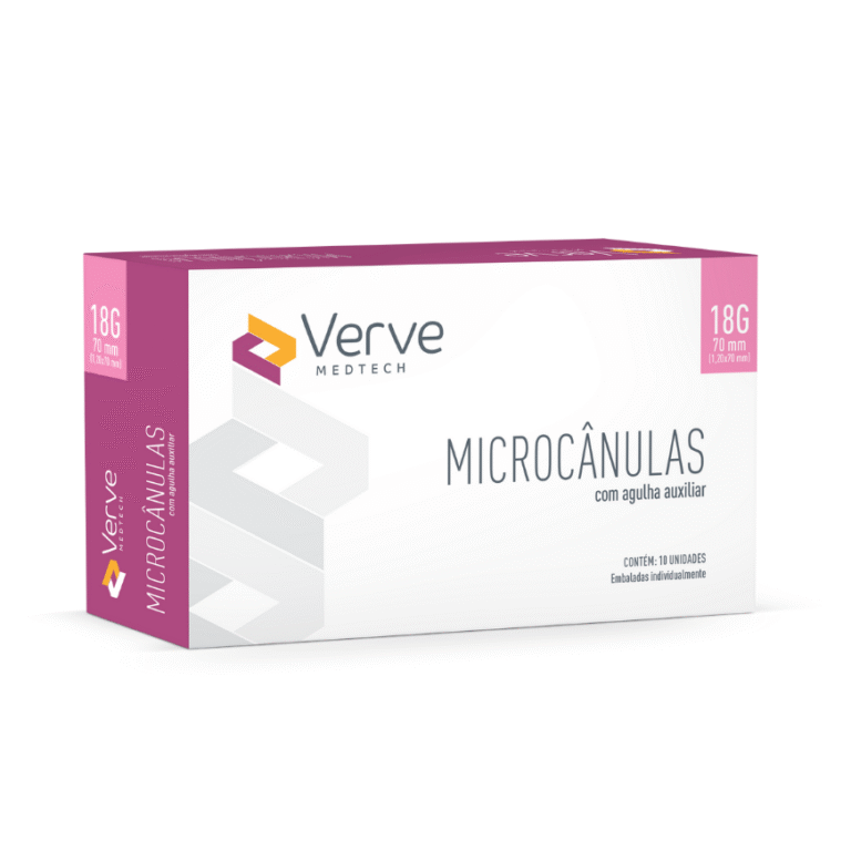 Microcânula Verve 18G 70 mm, ponta romba, corpo semiflexível, indicador 10 mm, aço SUS304, Anvisa 82576739003
