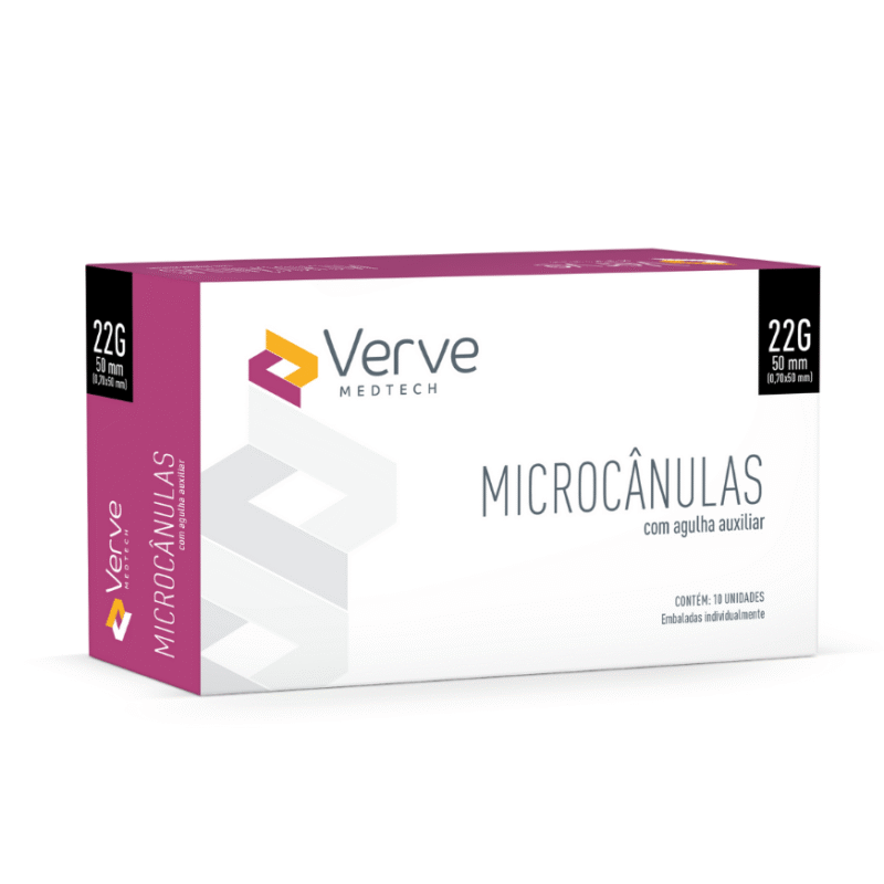 Microcânula Verve 22G 50 mm com ponta romba e parede ultrafina; controle visual e menor risco de hematomas