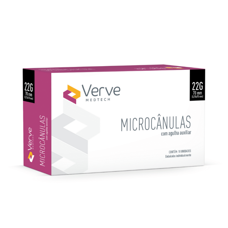Microcânula Verve 22G 70 mm, ponta romba, semiflexível, leitura 10 mm, aço SUS304, Anvisa 82576739003